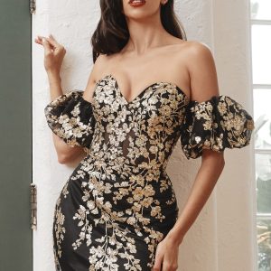 Strapless Glitter Floral Print Sweetheart Detachable Puff Seeve Long Prom & Bridesmaid Dress CDJ844