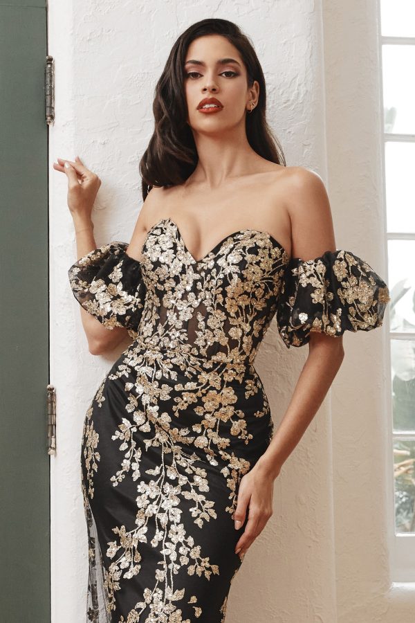 Strapless Glitter Floral Print Sweetheart Detachable Puff Seeve Long Prom & Bridesmaid Dress CDJ844 - Image 12