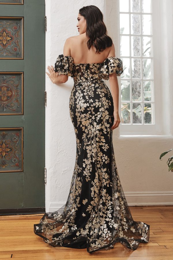 Strapless Glitter Floral Print Sweetheart Detachable Puff Seeve Long Prom & Bridesmaid Dress CDJ844 - Image 2
