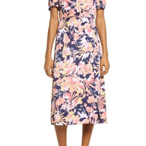 Julia Jordan High Neck Zipper Back Slit Side Floral Print Polyester Midi Dress