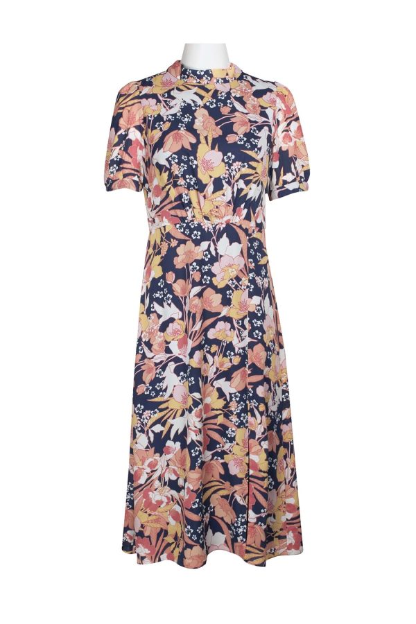 Julia Jordan High Neck Zipper Back Slit Side Floral Print Polyester Midi Dress - Image 2