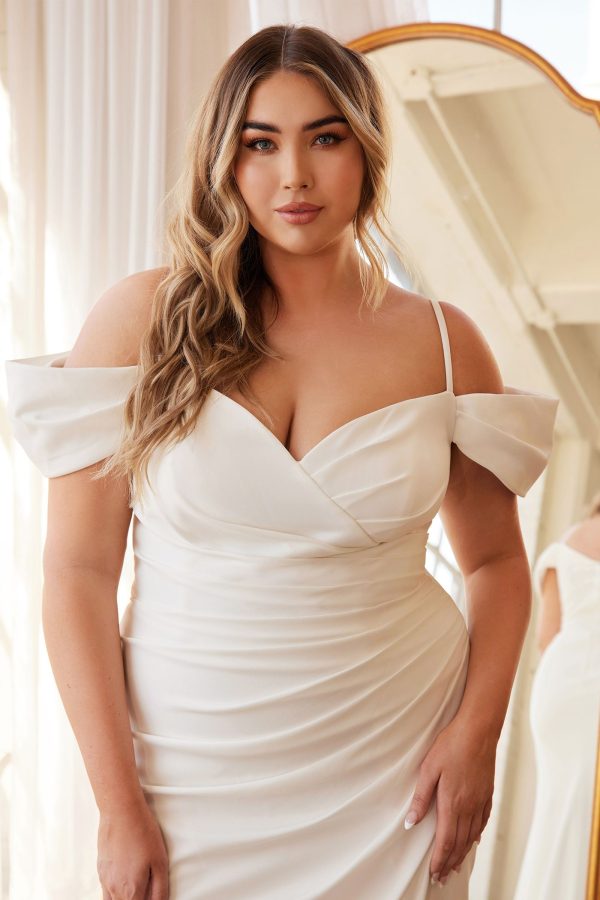 Off Shoulder Crepe Bodice High Leg Slit Off White Plus Size Long Wedding Dress CDKV1057WC - Image 3