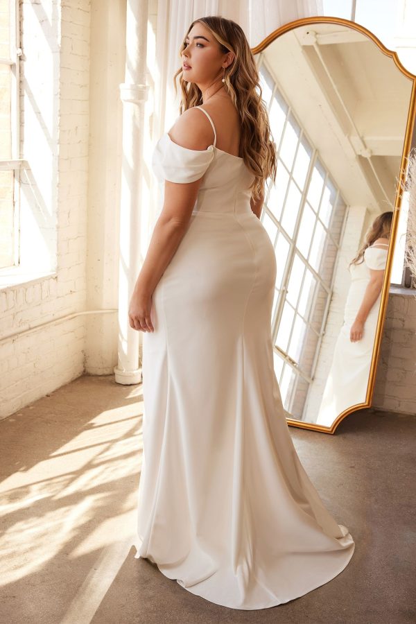 Off Shoulder Crepe Bodice High Leg Slit Off White Plus Size Long Wedding Dress CDKV1057WC - Image 2