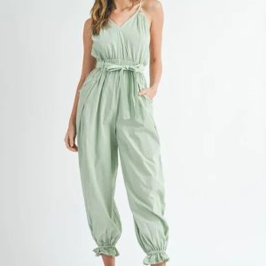 MABLE Washed Fabric Spaghetti Strap Waist Belted Jumpsuit