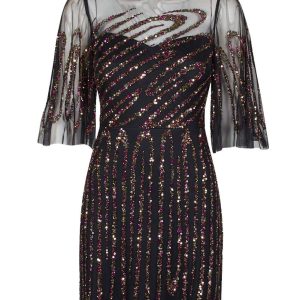 Aidan Mattox Crew Neck Illusion Embellished Sheath Keyhole Back Mesh Dress