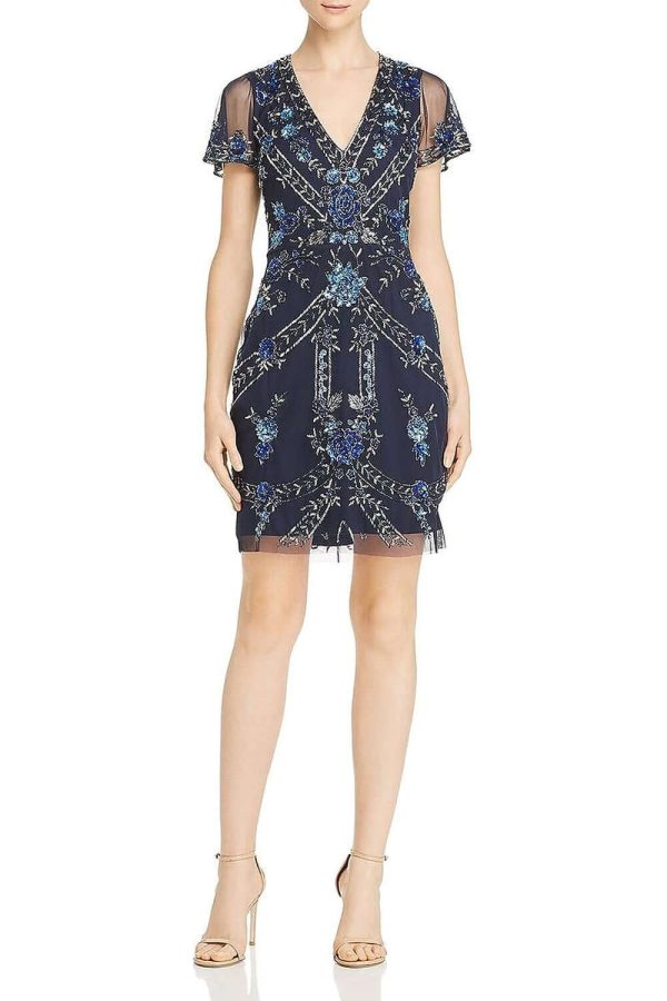 Aidan Mattox V-Neck Short Sleeve Embellished Zipper Back Mesh Dress - Image 4