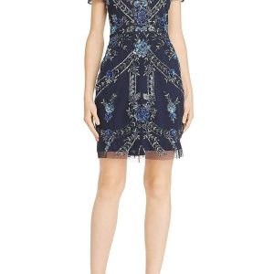 Aidan Mattox V-Neck Short Sleeve Embellished Zipper Back Mesh Dress