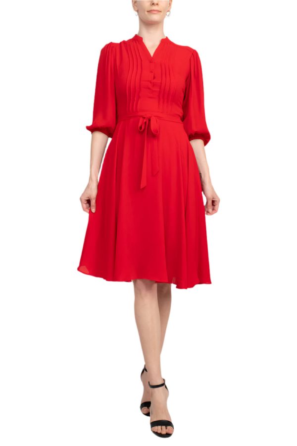 Nanette Lepore V-Neck 3/4 Sleeve Pleated Front Tie Waist A-Line Solid Crepe Dress - Image 6