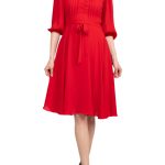 Nanette Lepore V-Neck 3/4 Sleeve Pleated Front Tie Waist A-Line Solid Crepe Dress