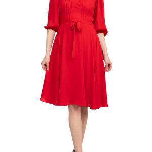 Nanette Lepore V-Neck 3/4 Sleeve Pleated Front Tie Waist A-Line Solid Crepe Dress