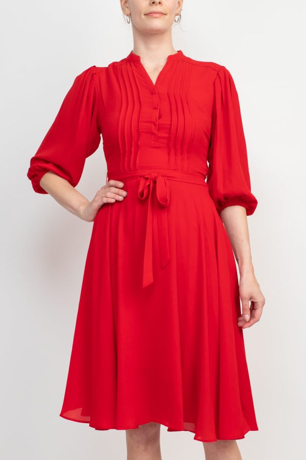 Nanette Lepore V-Neck 3/4 Sleeve Pleated Front Tie Waist A-Line Solid Crepe Dress - Image 2