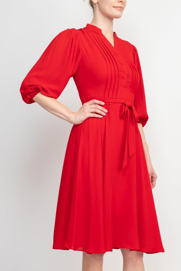 Nanette Lepore V-Neck 3/4 Sleeve Pleated Front Tie Waist A-Line Solid Crepe Dress - Image 3