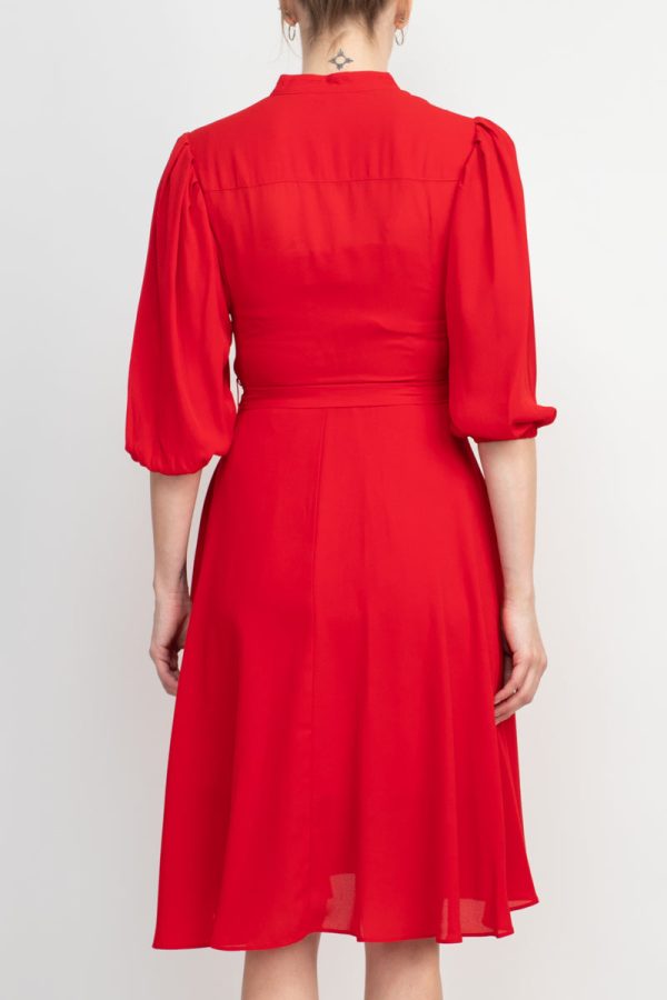Nanette Lepore V-Neck 3/4 Sleeve Pleated Front Tie Waist A-Line Solid Crepe Dress - Image 4