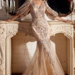 Mermaid Glitter Print Open V-Back 1/2 Sleeves Long Prom Dress CDOC009