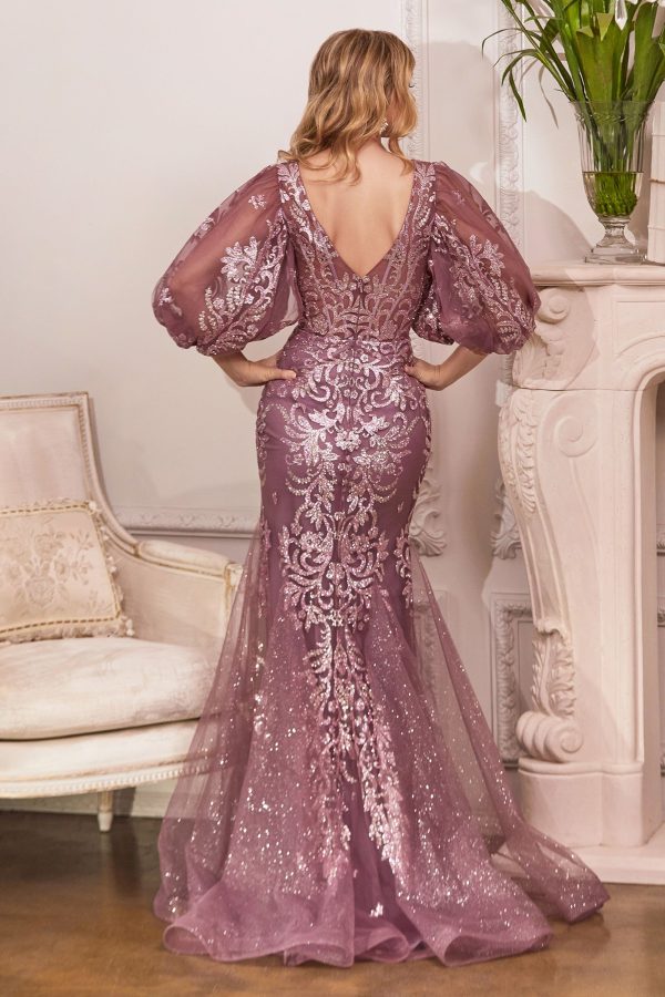 Mermaid Glitter Print Open V-Back 1/2 Sleeves Long Prom Dress CDOC009 - Image 12