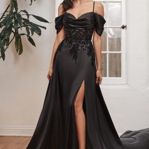 Satin Off The shoulder Sweetheart Neck Bodice A-Line Long Prom & Bridesmaid Dress CDOC012