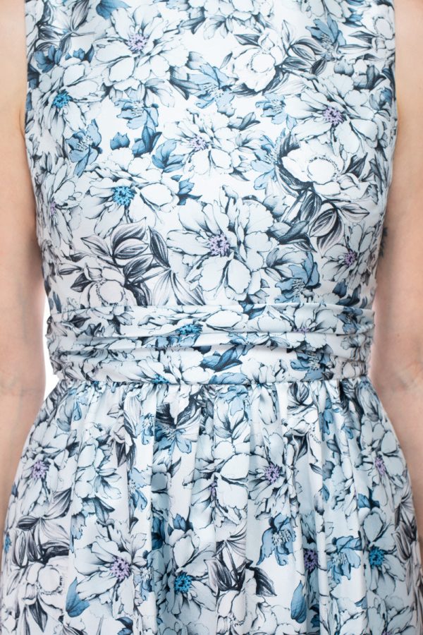 Badgley Mischka bateau neck sleeveless cutout back ruffled hem A-line floral print jacquard dress - Image 4