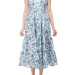 Badgley Mischka bateau neck sleeveless cutout back ruffled hem A-line floral print jacquard dress