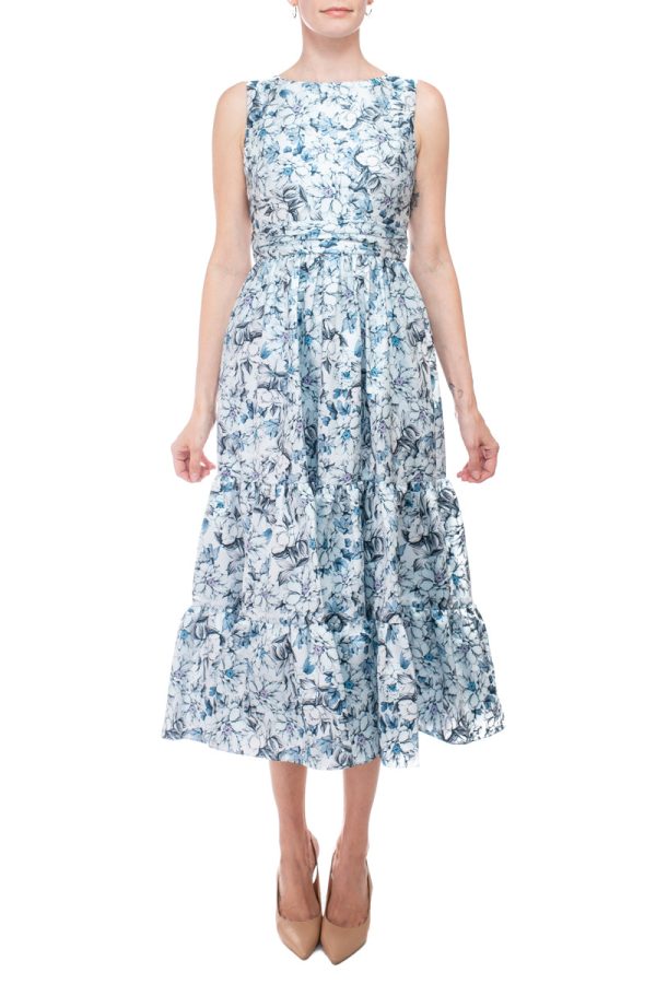 Badgley Mischka bateau neck sleeveless cutout back ruffled hem A-line floral print jacquard dress - Image 6