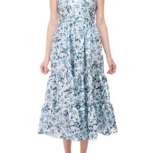 Badgley Mischka bateau neck sleeveless cutout back ruffled hem A-line floral print jacquard dress