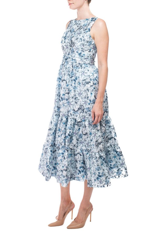 Badgley Mischka bateau neck sleeveless cutout back ruffled hem A-line floral print jacquard dress - Image 2