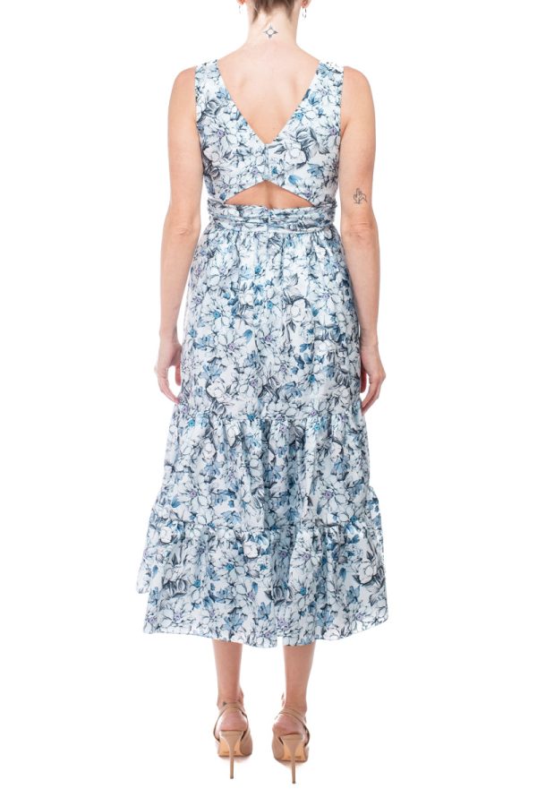 Badgley Mischka bateau neck sleeveless cutout back ruffled hem A-line floral print jacquard dress - Image 3