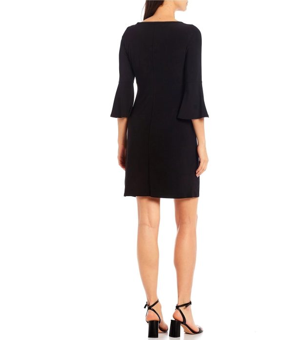 Marina Boat Neck Embellished Keyhole Front 3/4 Bell Sleeve Solid ITY Short Dress - Image 2