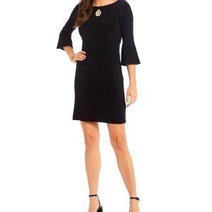 Marina Boat Neck Embellished Keyhole Front 3/4 Bell Sleeve Solid ITY Short Dress