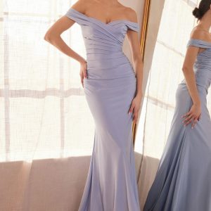 Off-Shoulder Sweetheart Mermaid Evening Dress with Cap Sleeves – Red & Blue