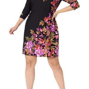 London Times Crew Neck 3/4 Sleeve Floral Print Dress