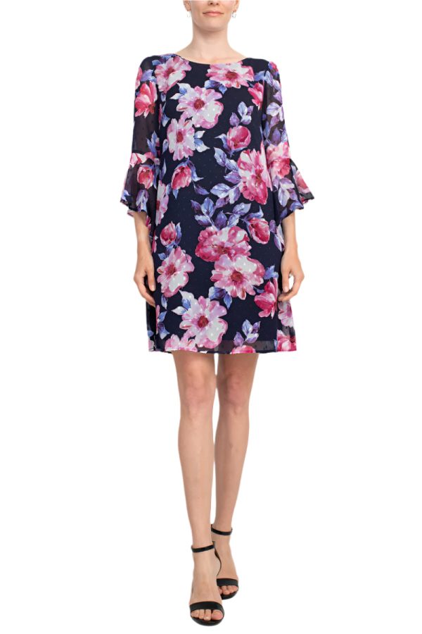 Connected Apparel Boat Neck Flounce Sleeve Zipper Back Floral Print Chiffon Dress - Image 7