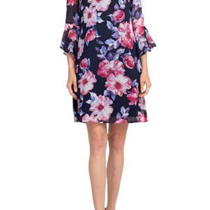 Connected Apparel Boat Neck Flounce Sleeve Zipper Back Floral Print Chiffon Dress