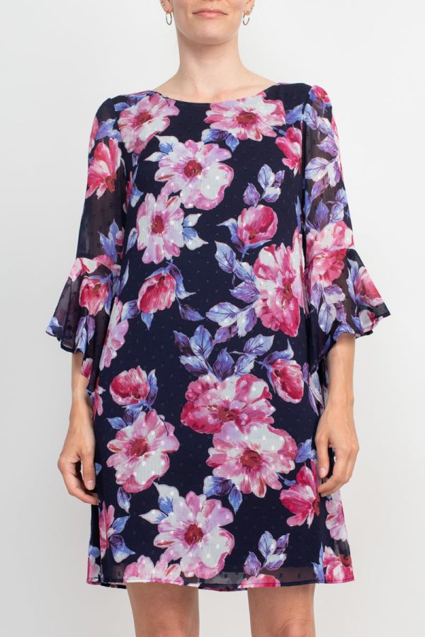 Connected Apparel Boat Neck Flounce Sleeve Zipper Back Floral Print Chiffon Dress - Image 2