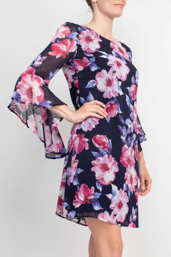 Connected Apparel Boat Neck Flounce Sleeve Zipper Back Floral Print Chiffon Dress - Image 3
