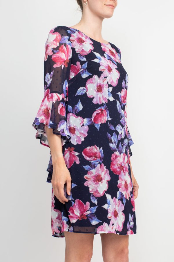 Connected Apparel Boat Neck Flounce Sleeve Zipper Back Floral Print Chiffon Dress - Image 4