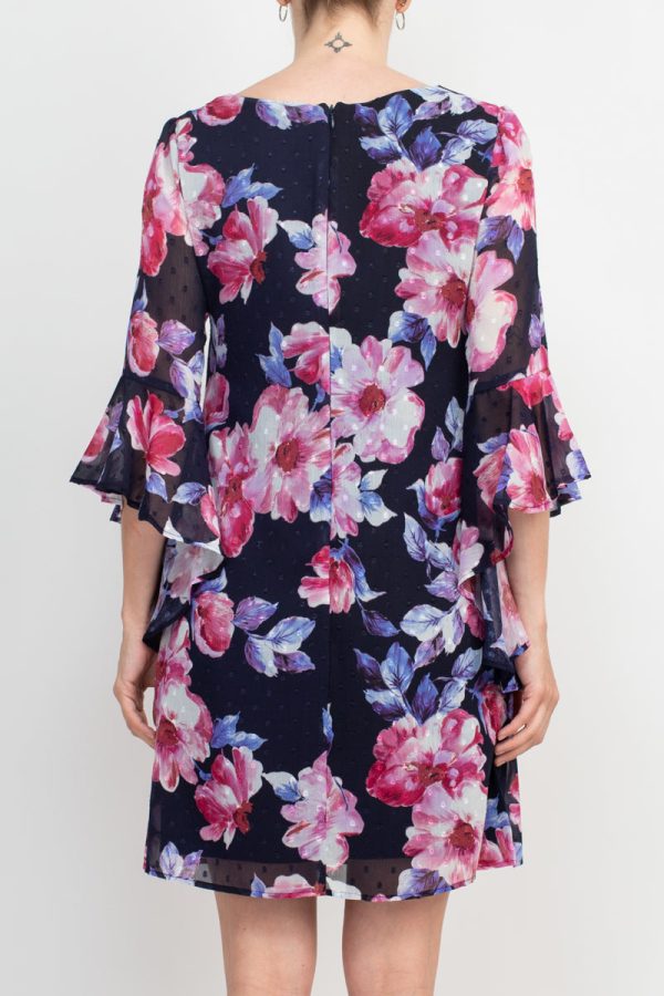 Connected Apparel Boat Neck Flounce Sleeve Zipper Back Floral Print Chiffon Dress - Image 5
