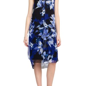 Connected Apparel V-Neck Sleeveless Floral Print Chiffon Overlay Slit Side Dress