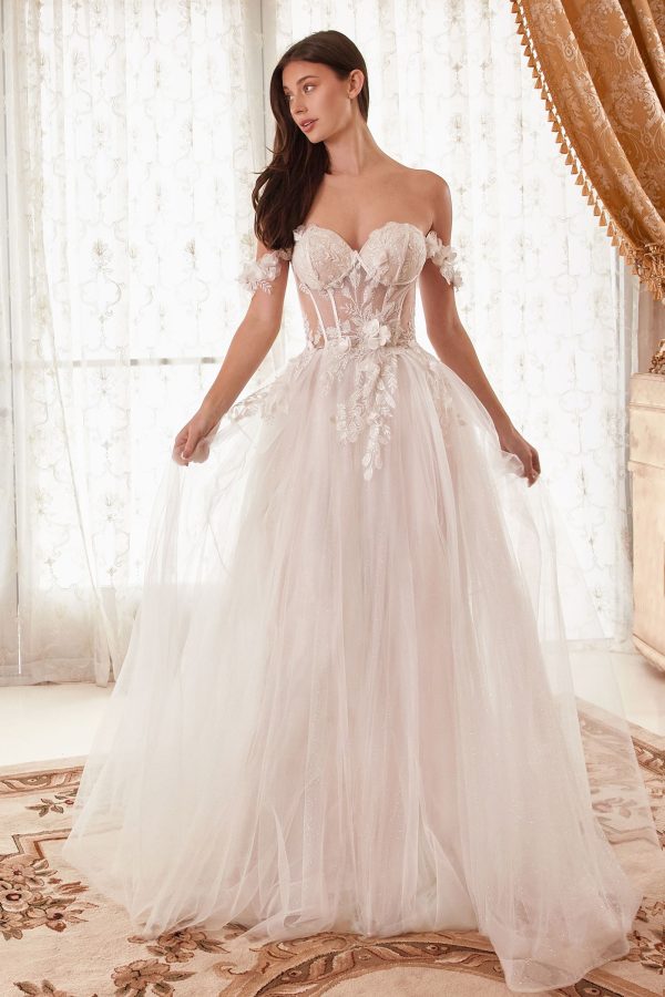 Off Shoulder Floral Applique A-Line Long Wedding Dress CDWN308 - Image 2