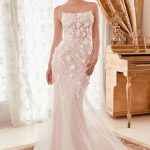Fitted Mermaid Embroidered Floral Tulle Skirt Long Wedding Dress CDWN310