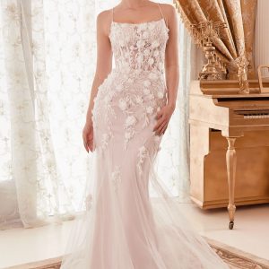 Fitted Mermaid Embroidered Floral Tulle Skirt Long Wedding Dress CDWN310
