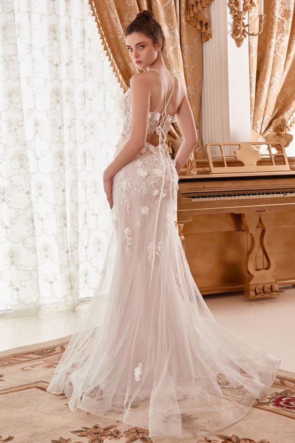 Fitted Mermaid Embroidered Floral Tulle Skirt Long Wedding Dress CDWN310 - Image 2