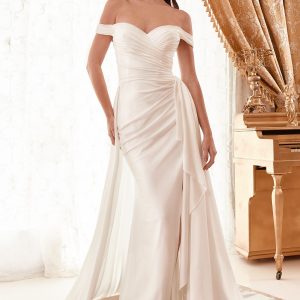 Draped Off The Shoulder With Overskirt Straps Side Slit Long Wedding Dress CDWN315