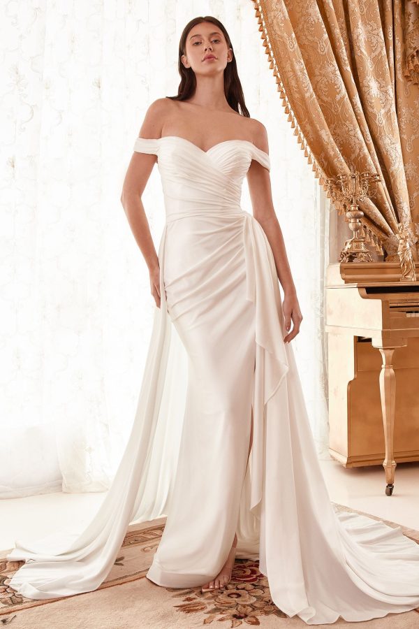 Draped Off The Shoulder With Overskirt Straps Side Slit Long Wedding Dress CDWN315
