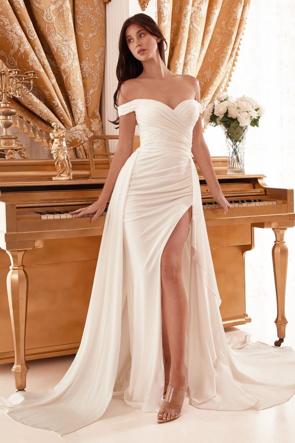 Draped Off The Shoulder With Overskirt Straps Side Slit Long Wedding Dress CDWN315 - Image 3