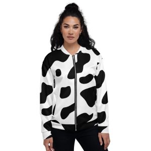Womens Bomber Jacket - Black White Cow Print