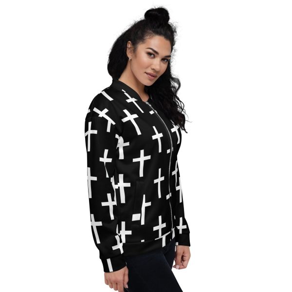 Womens Bomber Jacket - Black White Cross Print - Image 3