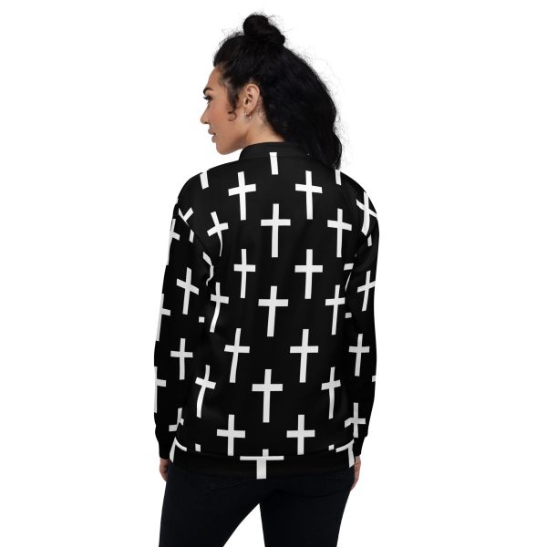 Womens Bomber Jacket - Black White Cross Print - Image 2