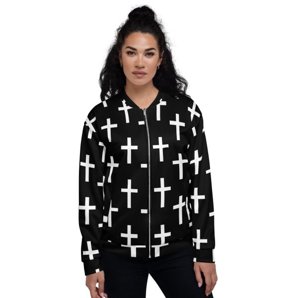 Womens Bomber Jacket - Black White Cross Print - Image 6