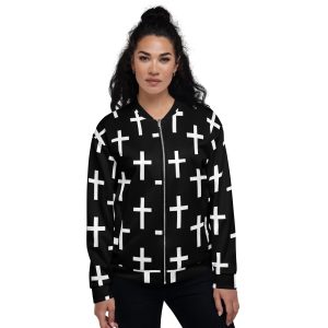 Womens Bomber Jacket - Black White Cross Print