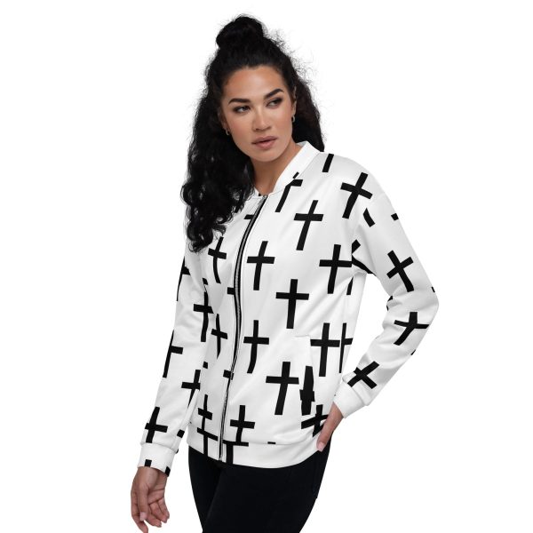 Womens Bomber Jacket - White Black Cross Print - Image 4